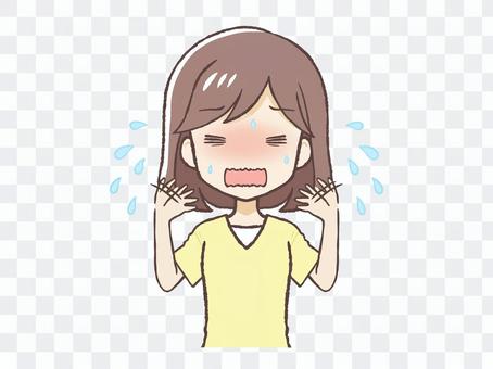 A woman in plain clothes (upper body) who is hot and sweaty A woman in plain clothes (upper body) who is hot and sweaty