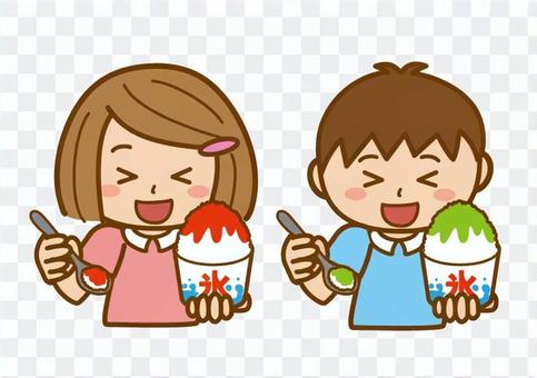 There is a line for children eating shaved ice There is a line for children eating shaved ice