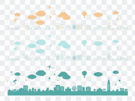 Cute cityscape line drawing silhouette material set Cute cityscape line drawing silhouette material set