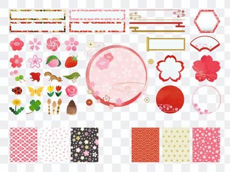 春と桜イラストと和風フレームセット 春と桜イラストと和風フレームセット