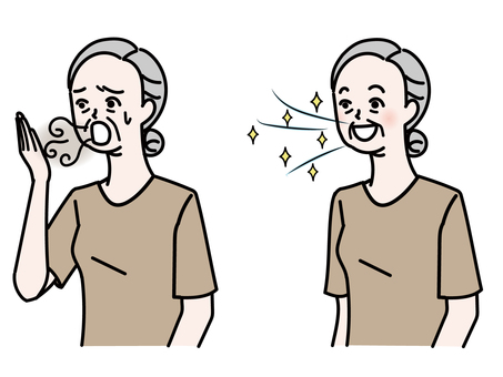 Elderly people suffering from bad breath and elderly people with refreshing breath Elderly people suffering from bad breath and elderly people with refreshing breath