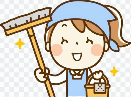 Girl playing part-time job - cleaning up Girl playing part-time job - cleaning up