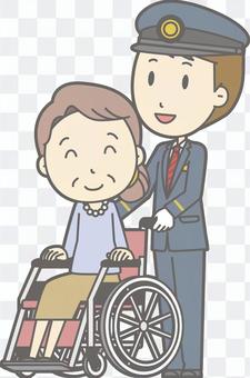 Station staff man a - wheelchair push - whole body Station staff man a - wheelchair push - whole body