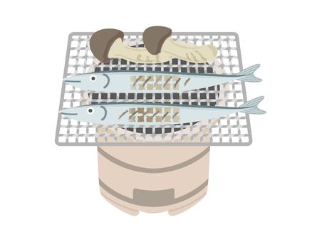 Illustration of saury and matsutake mushrooms baked on a shichirin Illustration of saury and matsutake mushrooms baked on a shichirin