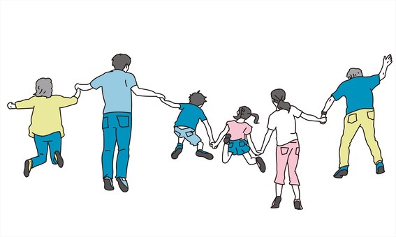Back view of a three-generation family jumping Back view of a three-generation family jumping