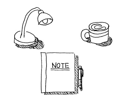 Coffee, notebook and stand Line drawing Black and white Coffee, notebook and stand Line drawing Black and white