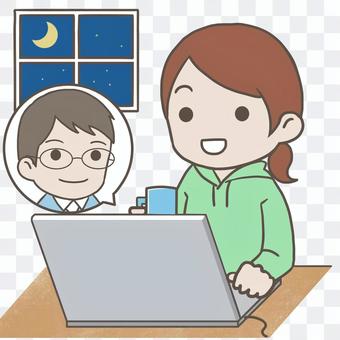Men and women talking on a computer Men and women talking on a computer