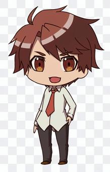 A brown-haired boy in a Y-shirt with a Moe SD character A brown-haired boy in a Y-shirt with a Moe SD character