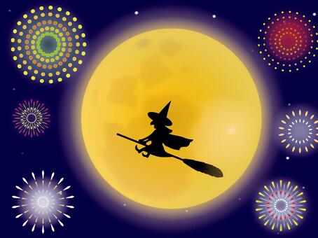 Fireworks, a witch and a moon Fireworks, a witch and a moon