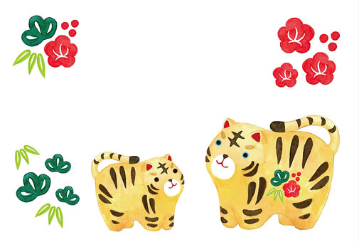 Watercolor tiger figurine parent and child New Year's card Watercolor tiger figurine parent and child New Year's card