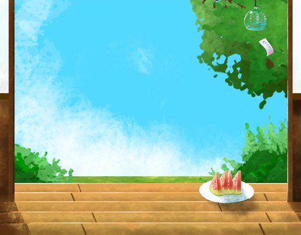 Summer landscape, watermelon and wind chimes on the porch Summer landscape, watermelon and wind chimes on the porch
