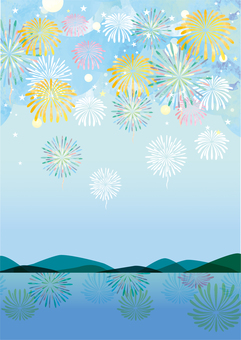 Fireworks display on a watercolor-style lake (vertical) Fireworks display on a watercolor-style lake (vertical)