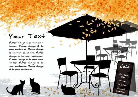 Autumn cafe message card dead leaves and black cat Autumn cafe message card dead leaves and black cat