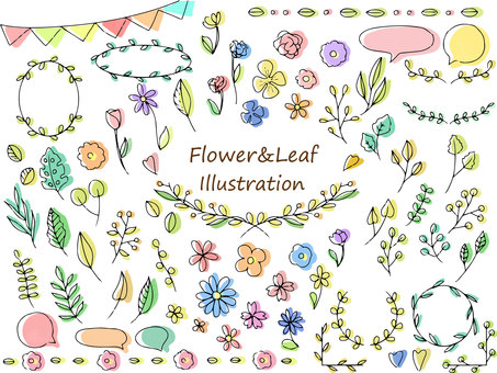 Handwritten flower and leaf motif set Handwritten flower and leaf motif set