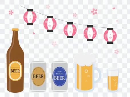 Beer and cherry blossom viewing illustration set Beer and cherry blossom viewing illustration set