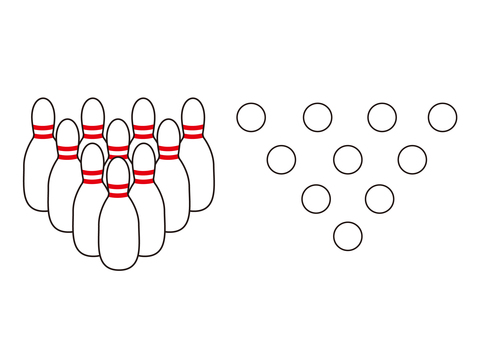 2 (bowling pins, 10 pieces, sideways, directly above) 2 (bowling pins, 10 pieces, sideways, directly above)