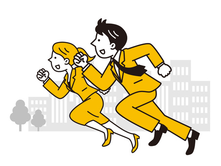 Male and female businessmen running in the building area Male and female businessmen running in the building area