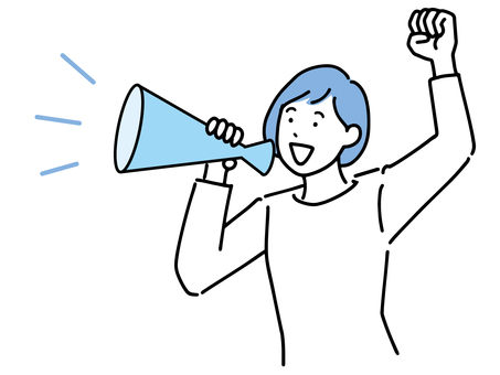 A housewife who raises her fist and calls with a megaphone A housewife who raises her fist and calls with a megaphone