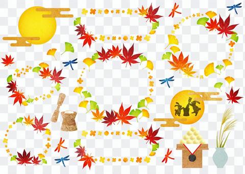 Watercolor style moon viewing autumn leaves frame set Watercolor style moon viewing autumn leaves frame set