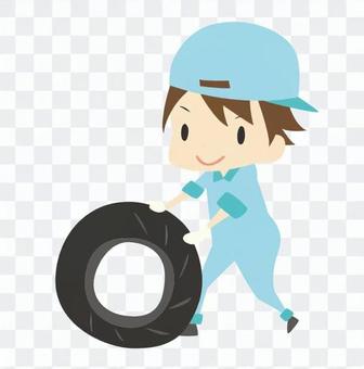 タイヤを転がす作業員 タイヤを転がす作業員