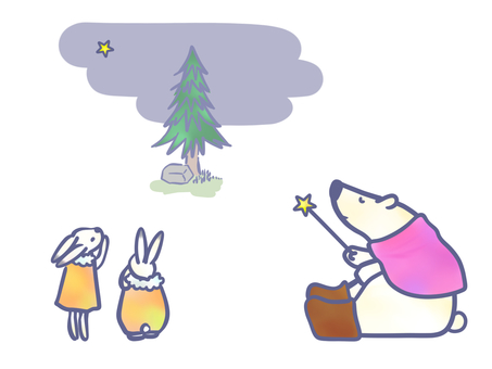 Polar bear and rabbit in front of a fir tree Polar bear and rabbit in front of a fir tree