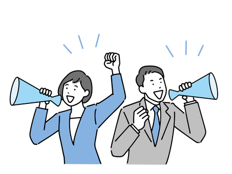 Men and women of office workers calling with a megaphone Men and women of office workers calling with a megaphone