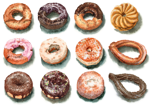Analog watercolor various donuts Analog watercolor various donuts
