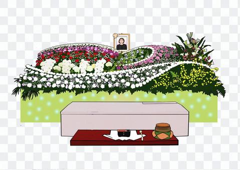 Flower altar and pink coffin Flower altar and pink coffin