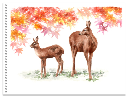 Analog watercolor autumn leaves and deer parent and child Analog watercolor autumn leaves and deer parent and child