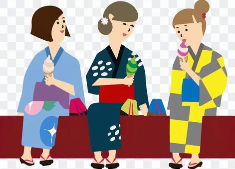 Soft serve ice cream with 3 women in yukata Soft serve ice cream with 3 women in yukata