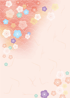 Watercolor Japanese background material: Plum and Qinghai wave pattern Watercolor Japanese background material: Plum and Qinghai wave pattern