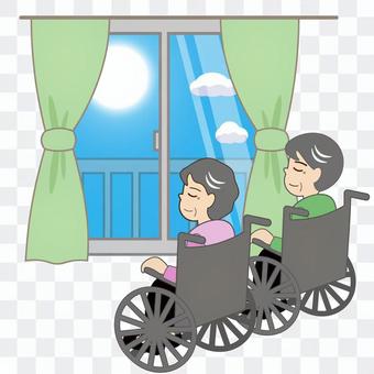 Nursing care (elderly people and men and women in wheelchairs sunbathing) Nursing care (elderly people and men and women in wheelchairs sunbathing)