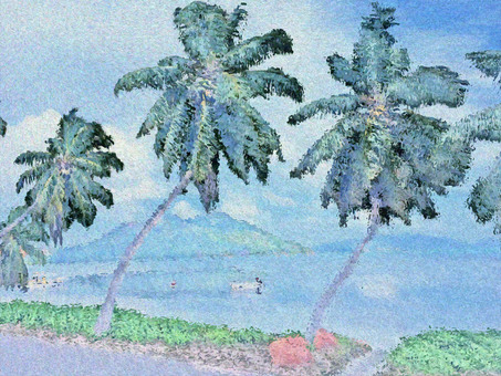 Palm trees standing on the road by the sea Palm trees standing on the road by the sea