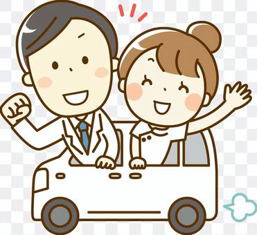 Doctor and nurse heading for a house visit by car Doctor and nurse heading for a house visit by car
