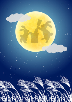Moon-viewing background vertical of Japanese pampas grass and moon rabbit Moon-viewing background vertical of Japanese pampas grass and moon rabbit