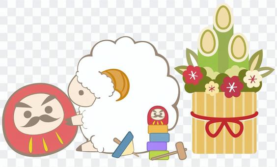 Sheep playing with New Year's decoration Sheep playing with New Year's decoration