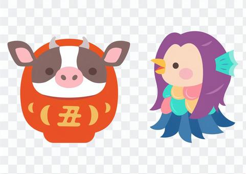 Illustration of Amabie and Ox Daruma Illustration of Amabie and Ox Daruma