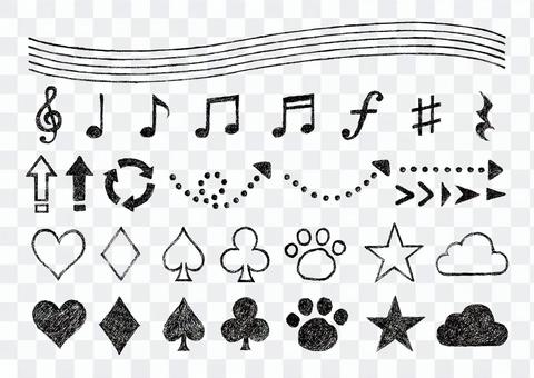 鉛筆描き音符と矢印とトランプマークセット 鉛筆描き音符と矢印とトランプマークセット