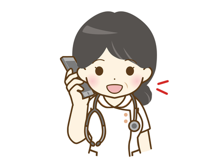 Middle-aged female nurse talking on a smartphone Middle-aged female nurse talking on a smartphone