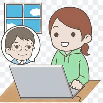 Men and women talking on a computer Men and women talking on a computer