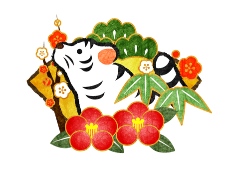 New Year's card material of white tiger and Shochikuume & camellia New Year's card material of white tiger and Shochikuume & camellia