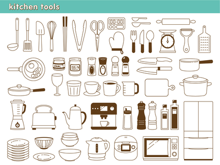 Kitchen utensils line drawing illustration set Kitchen utensils line drawing illustration set