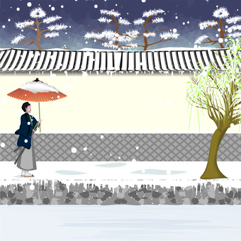 Castle town white wall wall samurai snow piled umbrella Castle town white wall wall samurai snow piled umbrella