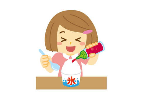 Girl sprinkling syrup on shaved ice No line Girl sprinkling syrup on shaved ice No line