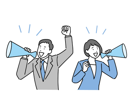 Men and women of office workers cheering with a megaphone Men and women of office workers cheering with a megaphone