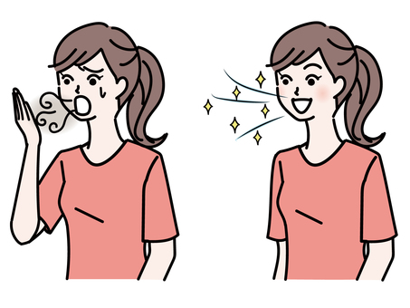 A woman suffering from bad breath and a woman with a refreshing breath A woman suffering from bad breath and a woman with a refreshing breath