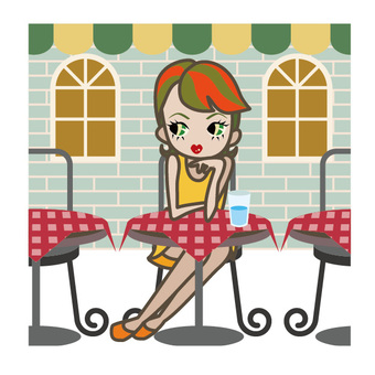 A woman sitting on the terrace · a coffee shop A woman sitting on the terrace · a coffee shop