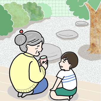 Child and grandmother talking on the porch Child and grandmother talking on the porch