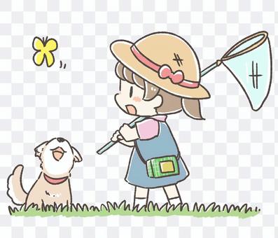 Girl and dog to catch bugs Girl and dog to catch bugs