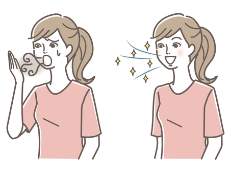 A woman suffering from bad breath and a woman with a refreshing breath A woman suffering from bad breath and a woman with a refreshing breath